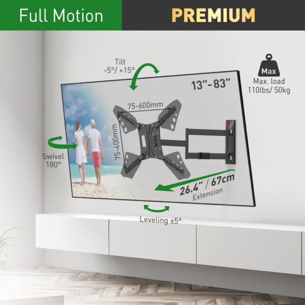 Barkan 13" - 83" 4 Movement Long Full Motion TV Wall Mount - Extension, Swivel & Tilt