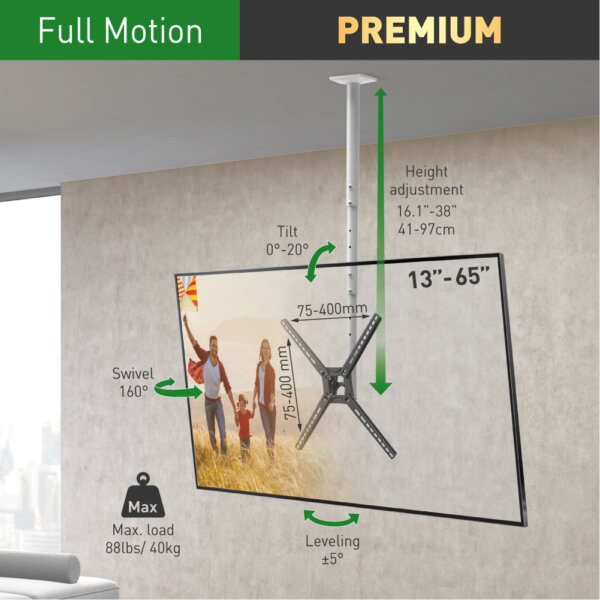 Barkan 29" - 65" 3 Movement TV Ceiling Mount, Full Motion - Telescopic, Swivel & Tilt