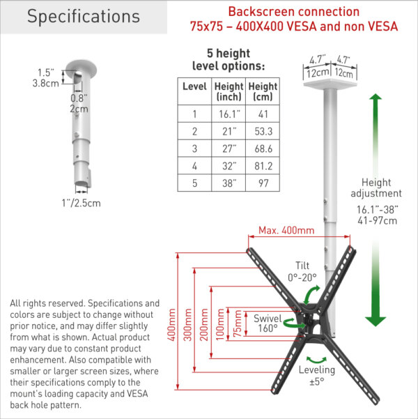 Barkan 29" - 65" 3 Movement TV Ceiling Mount, Full Motion - Telescopic, Swivel & Tilt