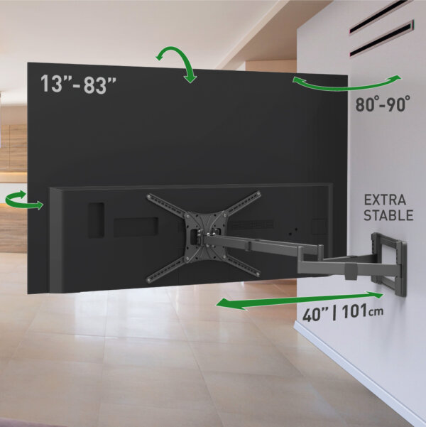 Barkan 13" - 83" 4 Movement Extra Long, Dual Arm TV Wall Mount, Full Motion - Extension, Swivel & Tilt