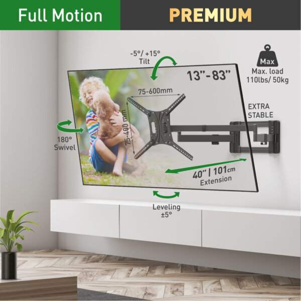 Barkan 13" - 83" 4 Movement Extra Long, Dual Arm TV Wall Mount, Full Motion - Extension, Swivel & Tilt