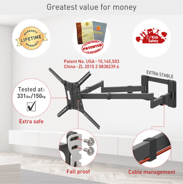 Barkan 13" - 83" 4 Movement Extra Long, Dual Arm TV Wall Mount, Full Motion - Extension, Swivel & Tilt