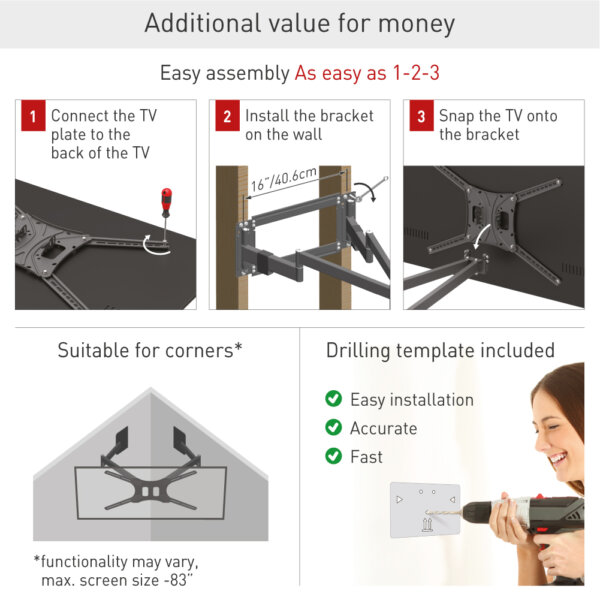 Barkan 13" - 83" 4 Movement Extra Long, Dual Arm TV Wall Mount, Full Motion - Extension, Swivel & Tilt