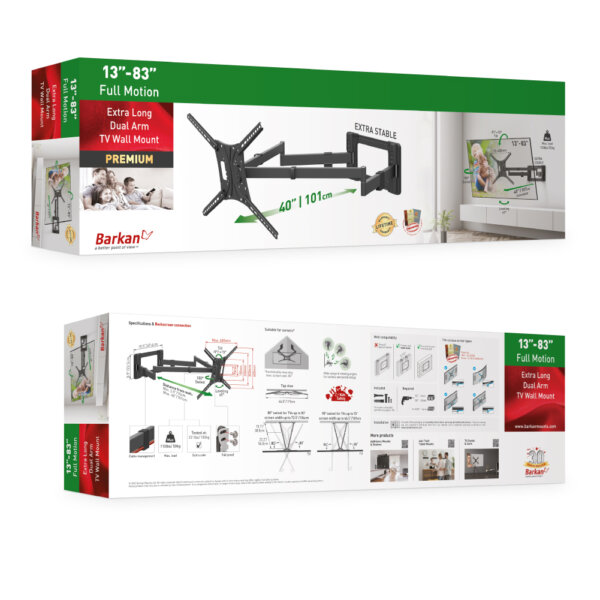 Barkan 13" - 83" 4 Movement Extra Long, Dual Arm TV Wall Mount, Full Motion - Extension, Swivel & Tilt