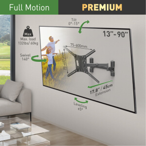 Barkan 13" - 90" 4 Movement Full Motion, Dual Arm TV Wall Mount - Extension, Swivel & Tilt