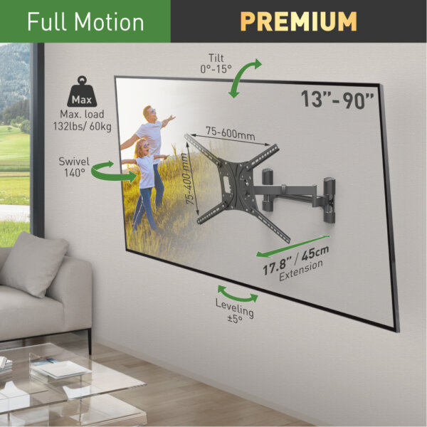 Barkan 13" - 83" 4 Movement Extra Long, Dual Arm TV Wall Mount, Full Motion - Extension, Swivel & Tilt