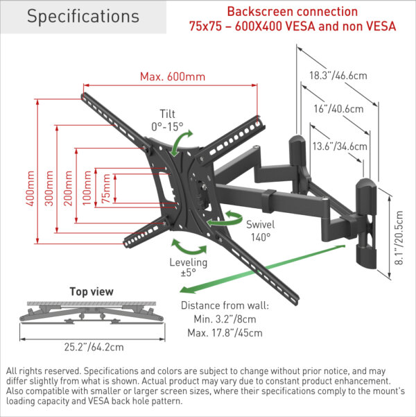 Barkan 13" - 83" 4 Movement Extra Long, Dual Arm TV Wall Mount, Full Motion - Extension, Swivel & Tilt