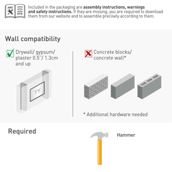 Barkan 19" - 65" Fixed Drywall, No-Drill TV Wall Mount