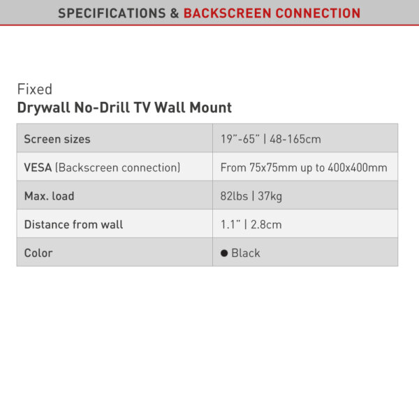 Barkan 19" - 65" Fixed Drywall, No-Drill TV Wall Mount