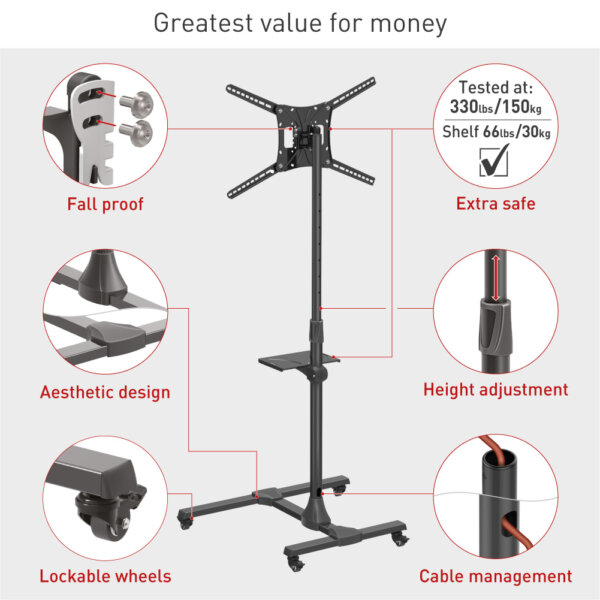 Barkan 13" - 83" Mobile TV Mount Cart with Metal Shelf Tilt & Vertical Adjustment