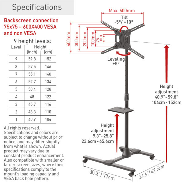 Barkan 13" - 83" Mobile TV Mount Cart with Metal Shelf Tilt & Vertical Adjustment