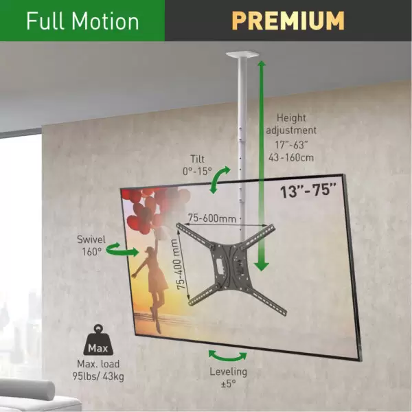 Barkan 13" - 75" Long TV Ceiling Mount, Full Motion - Height Adjustment, Swivel & Tilt