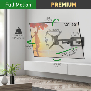 Barkan 13" - 90" 4 Movement Long, Dual Arm TV Wall Mount, Full Motion - Extension, Swivel & Tilt