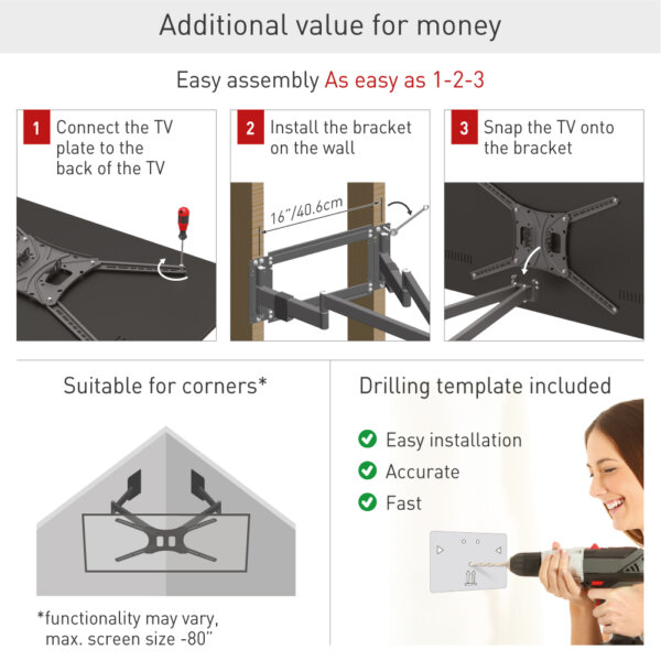 Barkan 13" - 90" 4 Movement Long, Dual Arm TV Wall Mount, Full Motion - Extension, Swivel & Tilt