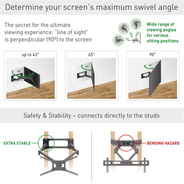 Barkan 13" - 90" 4 Movement Long, Dual Arm TV Wall Mount, Full Motion - Extension, Swivel & Tilt