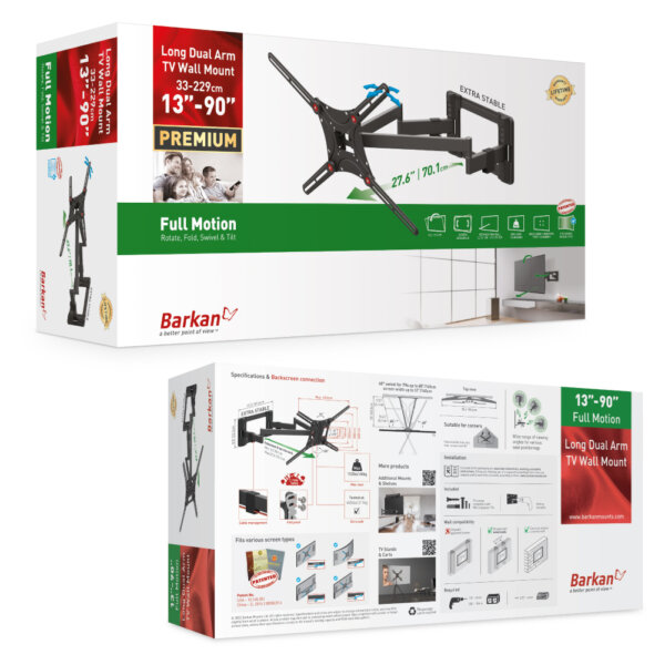 Barkan 13" - 90" 4 Movement Long, Dual Arm TV Wall Mount, Full Motion - Extension, Swivel & Tilt