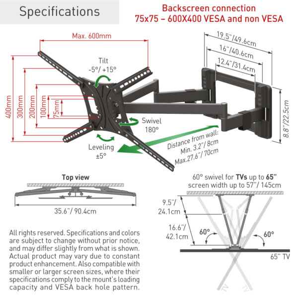 Barkan 13" - 90" 4 Movement Long, Dual Arm TV Wall Mount, Full Motion - Extension, Swivel & Tilt