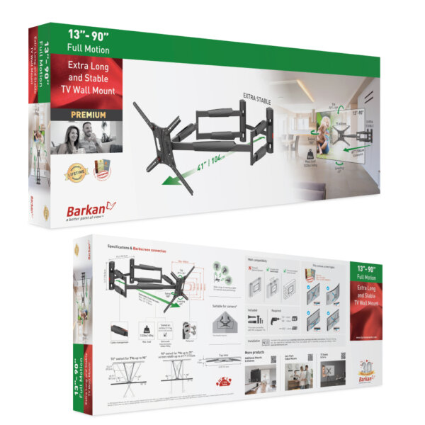 Barkan 13" - 90" Extra Long and Stable TV Wall Mount, Full Motion - Extension, Swivel & Tilt