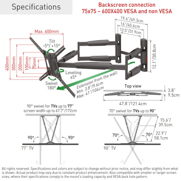 Barkan 13" - 90" Extra Long and Stable TV Wall Mount, Full Motion - Extension, Swivel & Tilt