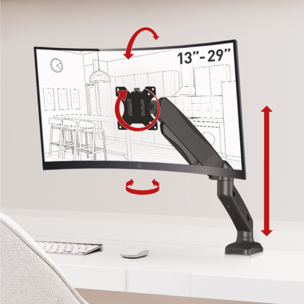 Barkan 13"-29" Flat / Curved Monitor Gas Spring Desk Mount, Full Motion - Black