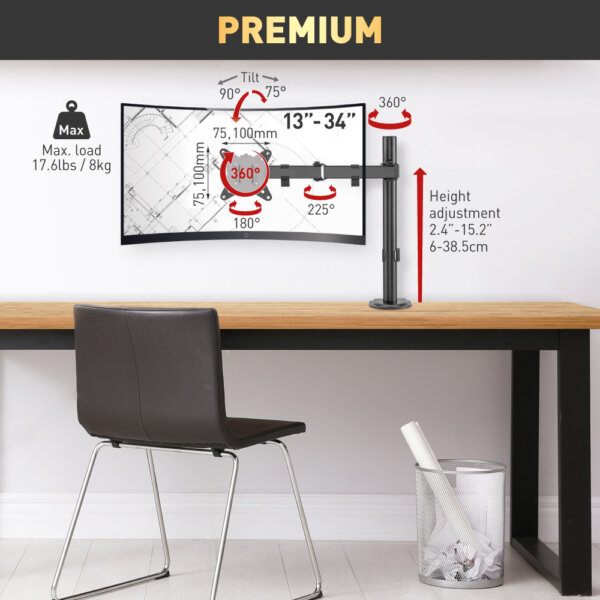 Barkan 13" - 32" Flat / Curved Monitor Desk Mount, Full Motion - Vertical Adjustment, Extension, Swivel & Tilt