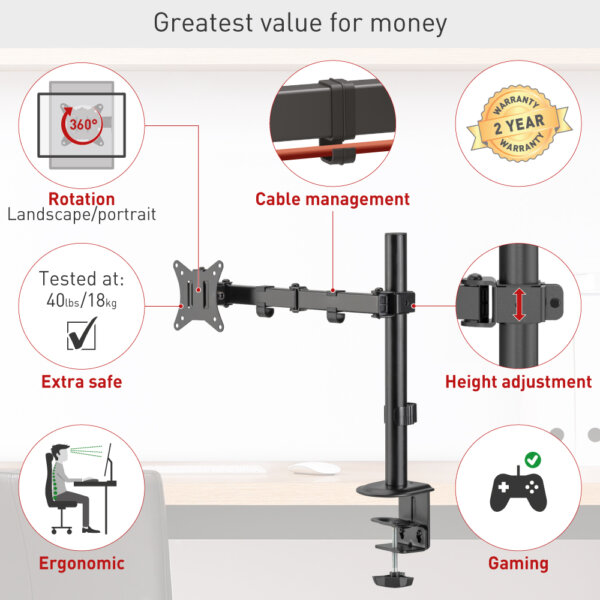 Barkan 13" - 32" Flat / Curved Monitor Desk Mount, Full Motion - Vertical Adjustment, Extension, Swivel & Tilt