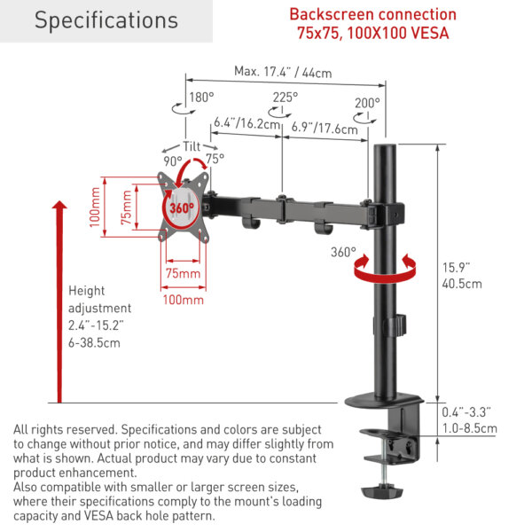 Barkan 13" - 32" Flat / Curved Monitor Desk Mount, Full Motion - Vertical Adjustment, Extension, Swivel & Tilt