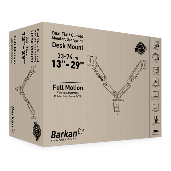 Barkan 13"-29" Dual Flat / Curved Monitor Gas Spring Desk Mount, Full Motion - Black