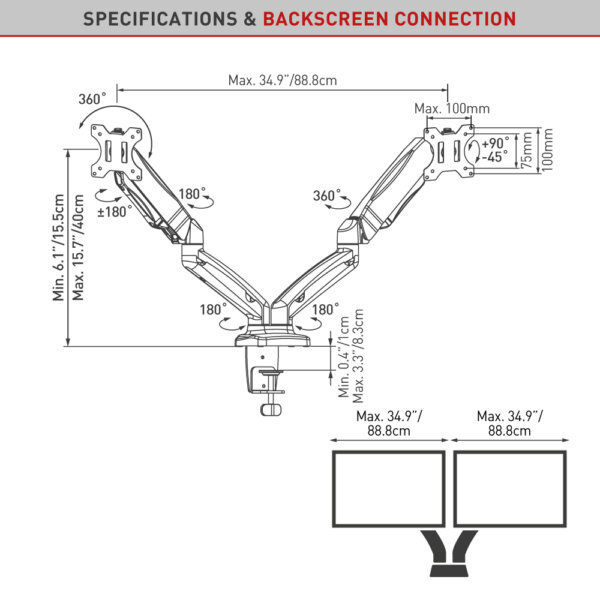 Barkan 13"-29" Dual Flat / Curved Monitor Gas Spring Desk Mount, Full Motion - Black