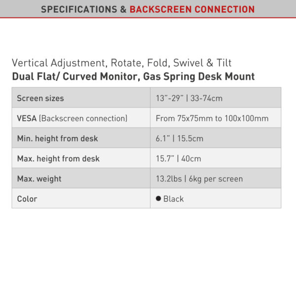 Barkan 13"-29" Dual Flat / Curved Monitor Gas Spring Desk Mount, Full Motion - Black