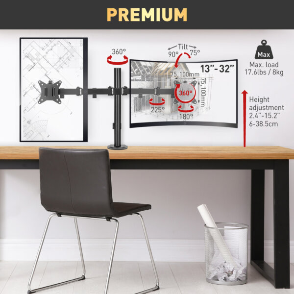 Barkan 13" - 27" Dual Flat / Curved Monitor Desk Mount, Full Motion - Vertical Adjustment, Extension, Swivel & Tilt