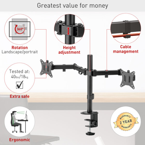 Barkan 13" - 27" Dual Flat / Curved Monitor Desk Mount, Full Motion - Vertical Adjustment, Extension, Swivel & Tilt