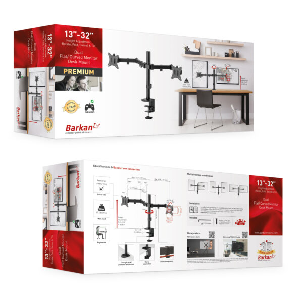 Barkan 13" - 27" Dual Flat / Curved Monitor Desk Mount, Full Motion - Vertical Adjustment, Extension, Swivel & Tilt