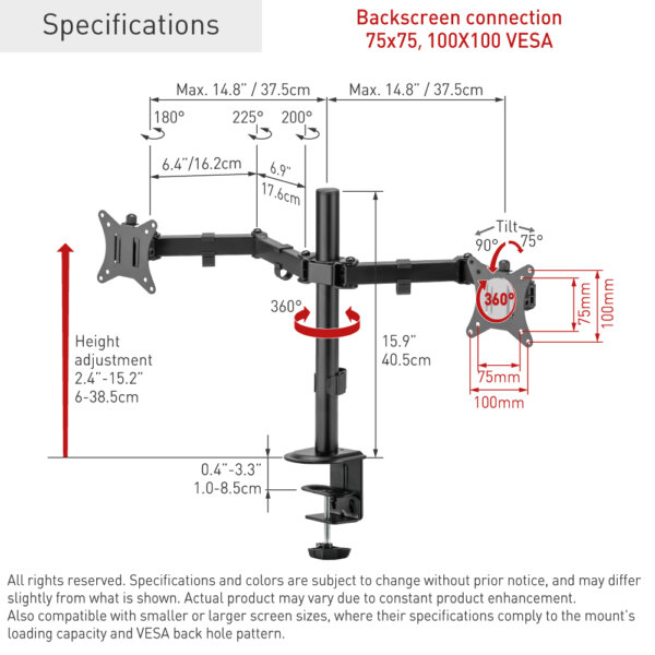 Barkan 13" - 27" Dual Flat / Curved Monitor Desk Mount, Full Motion - Vertical Adjustment, Extension, Swivel & Tilt