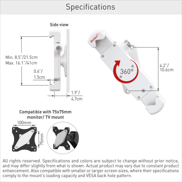 Barkan 7" - 14" Anti-Theft 360° Rotation Tablet Wall Mount