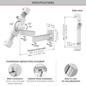 Barkan 7" - 14" Anti-Theft Full Motion Tablet Wall Mount Full Motion - Extension, Swivel & Tilt