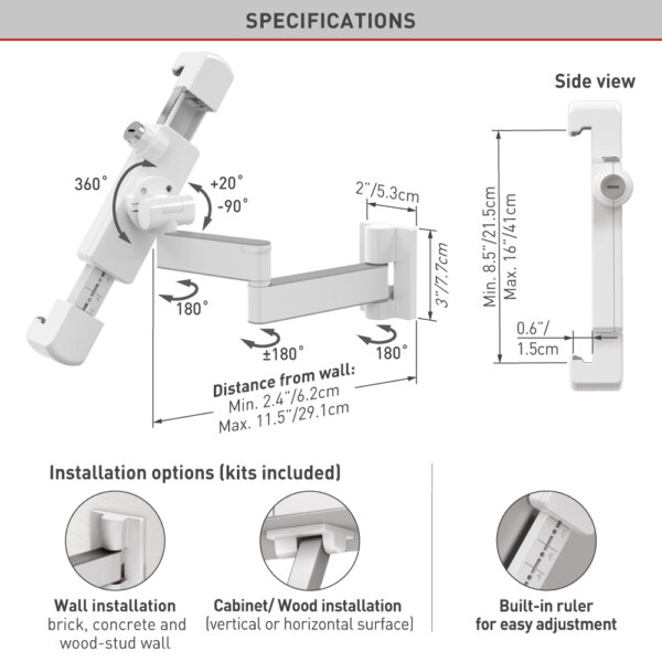 Barkan 7" - 14" Anti-Theft Full Motion Tablet Wall Mount Full Motion - Extension, Swivel & Tilt