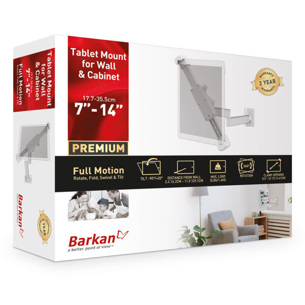 "Barkan 7"" - 14"" Tablet Mount for Wall & Cabinet Full Motion - Extension, Swivel & Tilt"