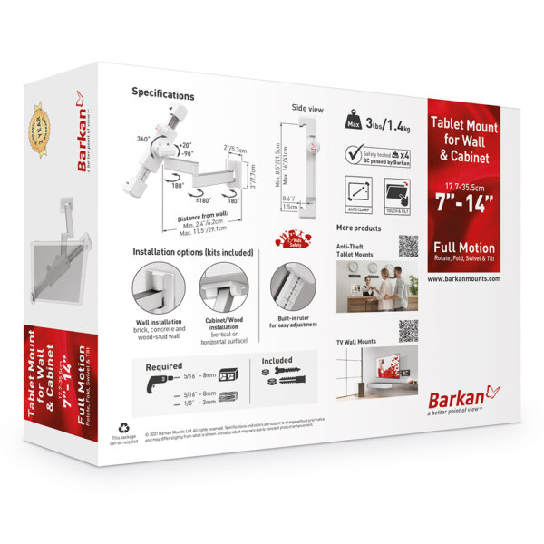 "Barkan 7"" - 14"" Tablet Mount for Wall & Cabinet Full Motion - Extension, Swivel & Tilt"