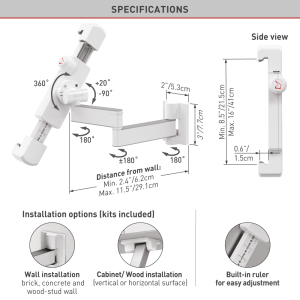 "Barkan 7"" - 14"" Tablet Mount for Wall & Cabinet Full Motion - Extension, Swivel & Tilt"